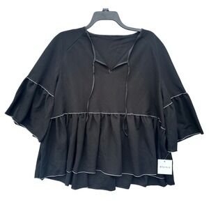 3Potato Womens Black Top S/M Tie Neck Ruffle‎ Short Sleeve Blouse Shirt
